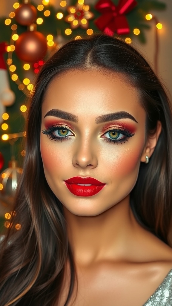 A glamorous Christmas makeup look with red lips and gold eyeshadow, surrounded by festive decorations.